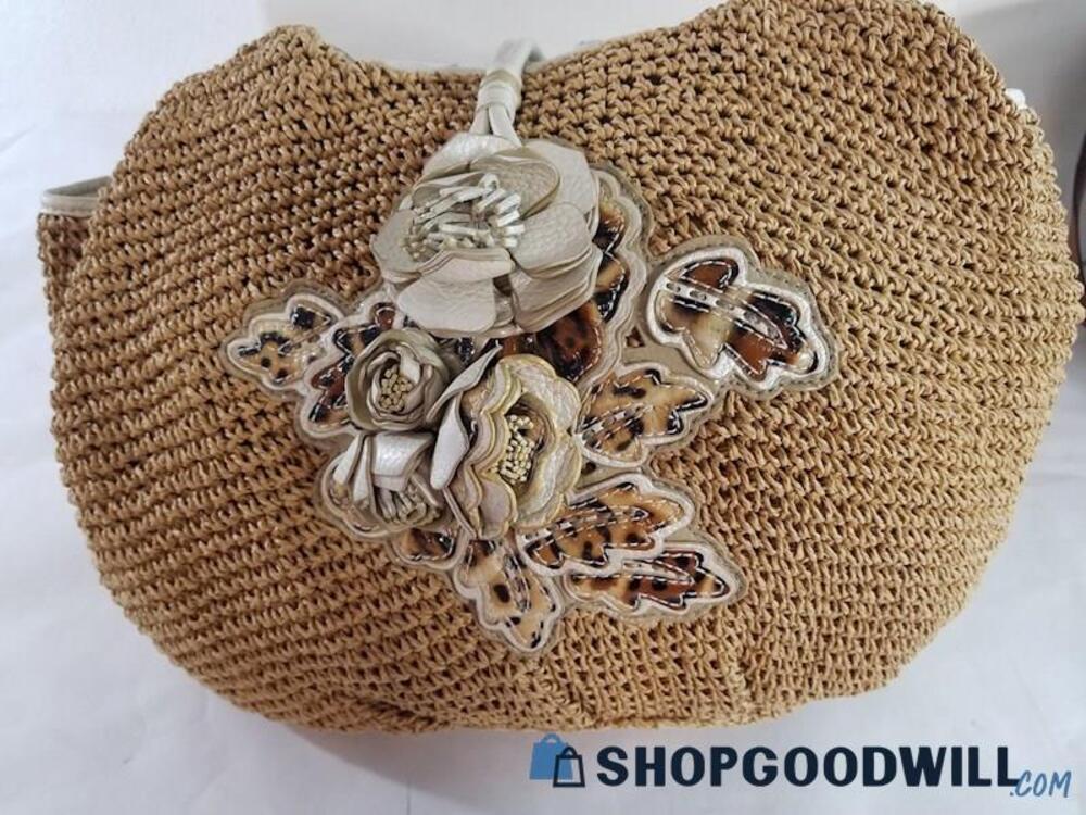 Brighton Woven Straw with Leather Trim  and Floral Accents Hobo Purse